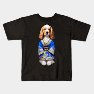 Playful Cocker Spaniel in Elegant Blue Kimono - Adorable and Charming Kids T-Shirt